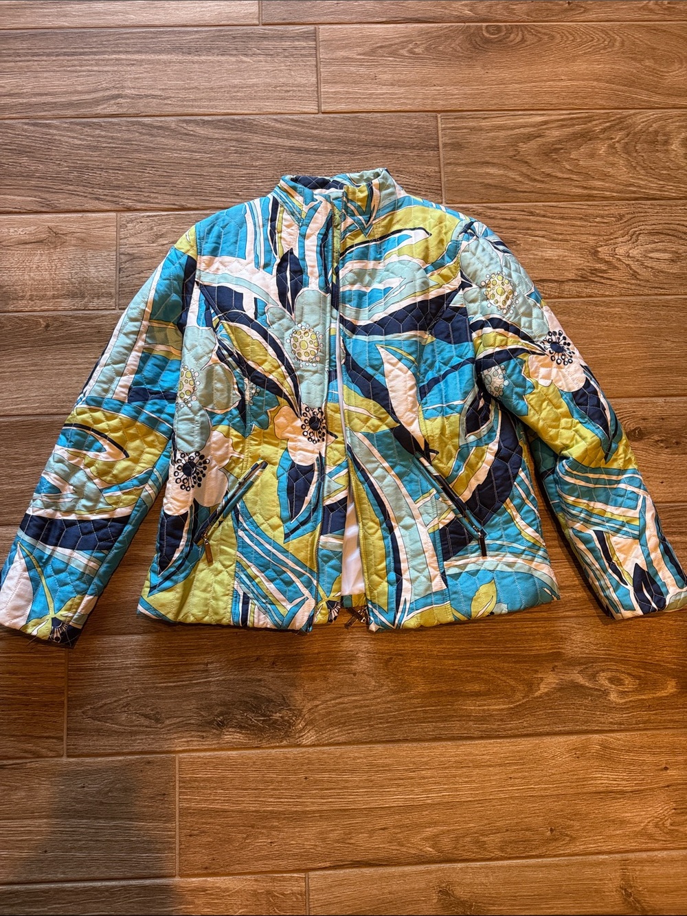 Carole Little Quilted Floral Jacket in Teal, Navy, Yellow, White